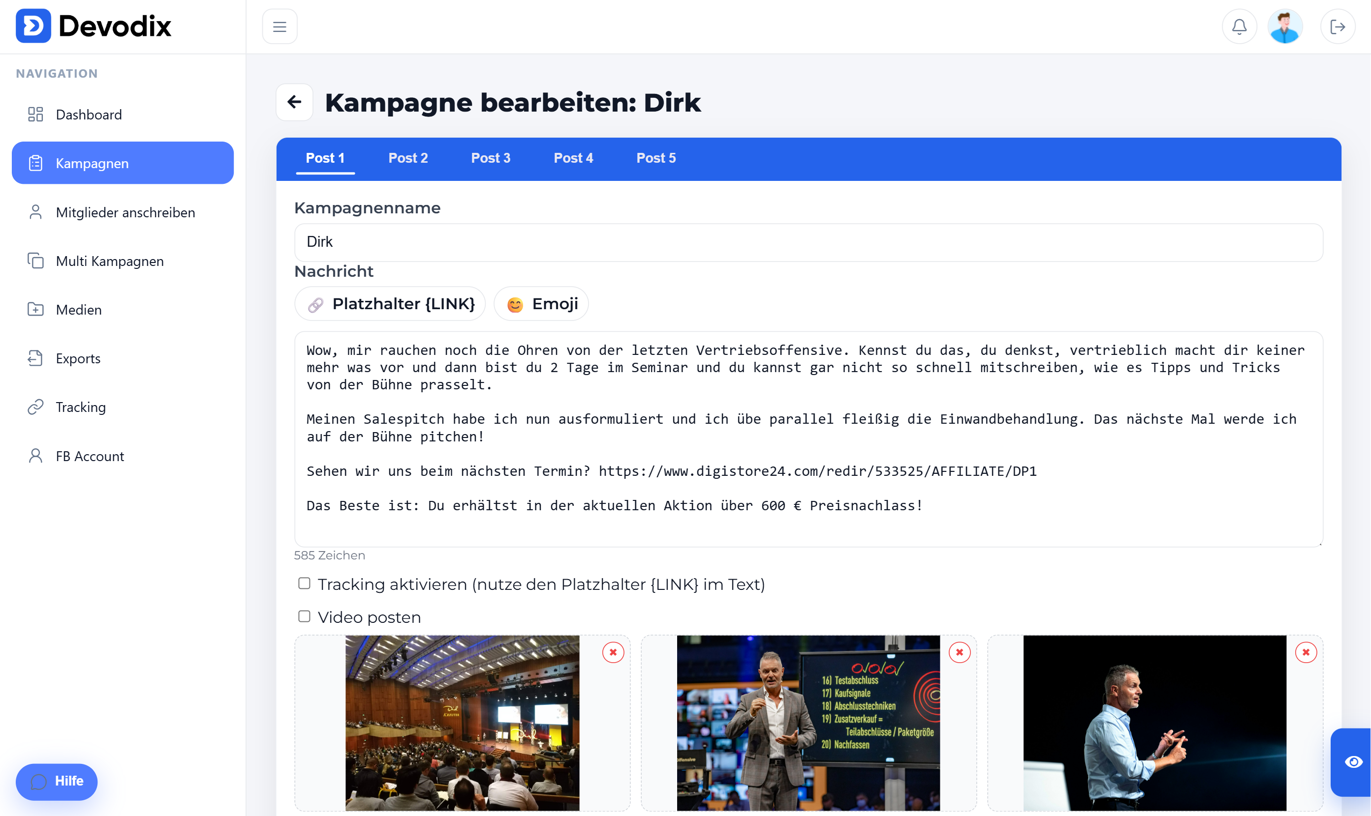 Devodix – Kampagne anlegen (Screenshot)